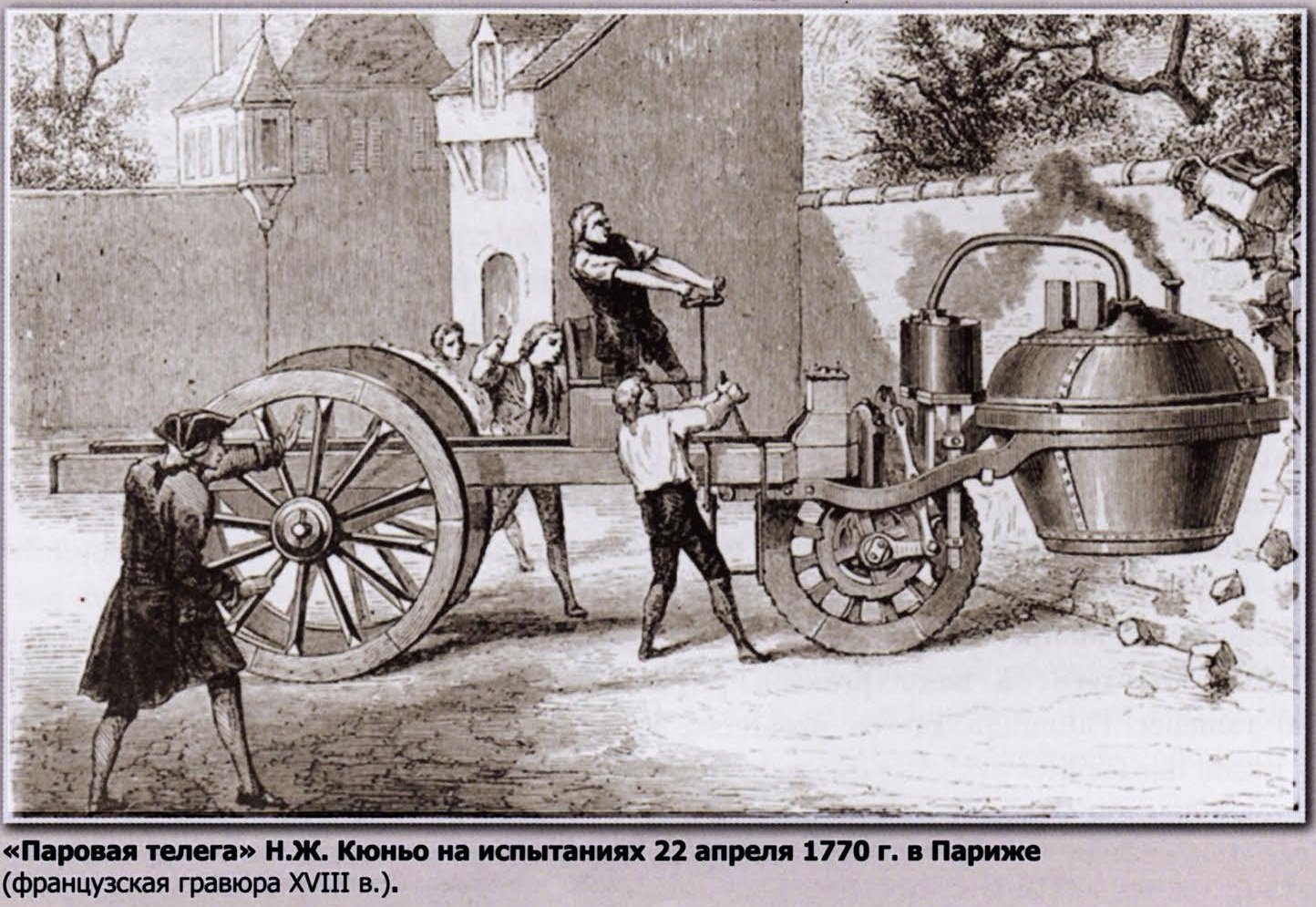 Первый паровой автомобиль. Паровая машина Николя Кюньо. Паровая телега Кюньо 1769. Первый в мире паровой автомобиль Кюньо 1769.