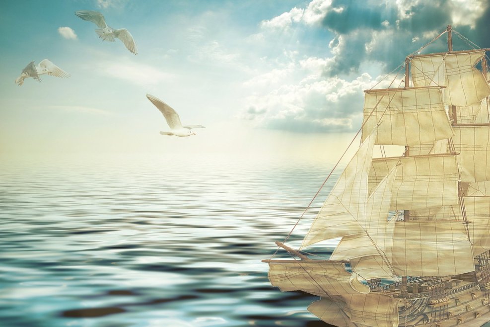 Чайки, корабль и море