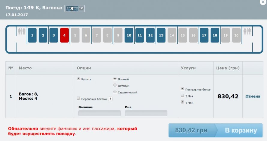 Свободные места вагон