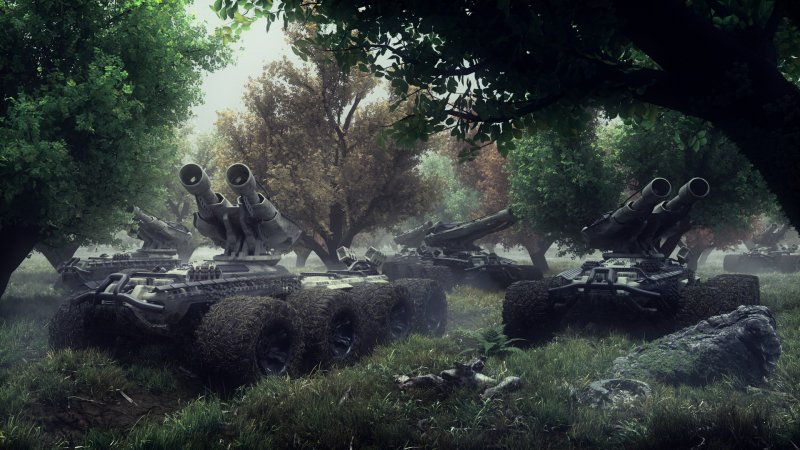 Танк в лесу в темных тонах