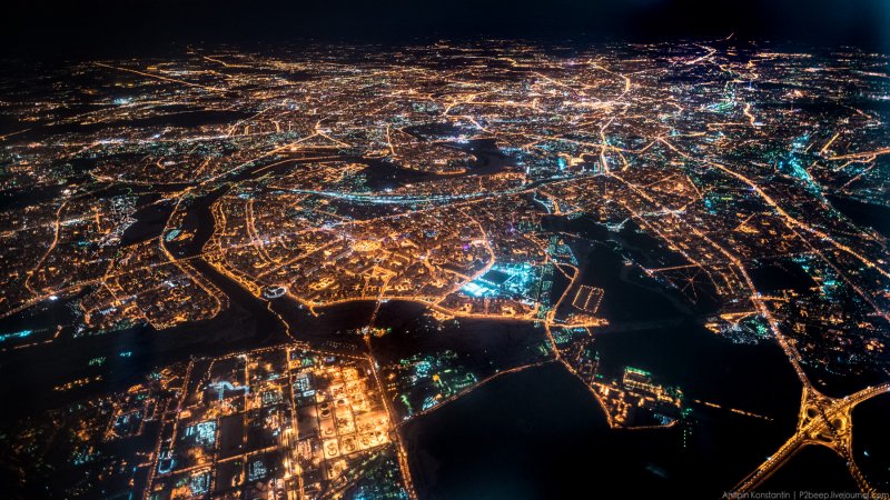 Москва вид с самолета ночью