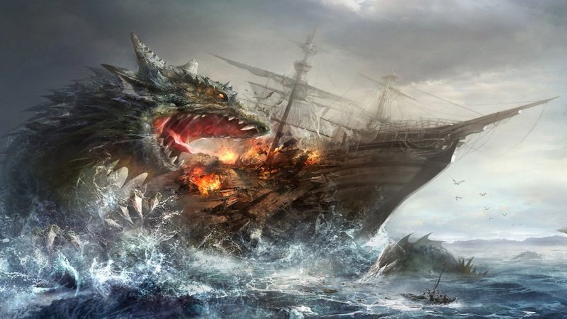Морское чудовище и корабль