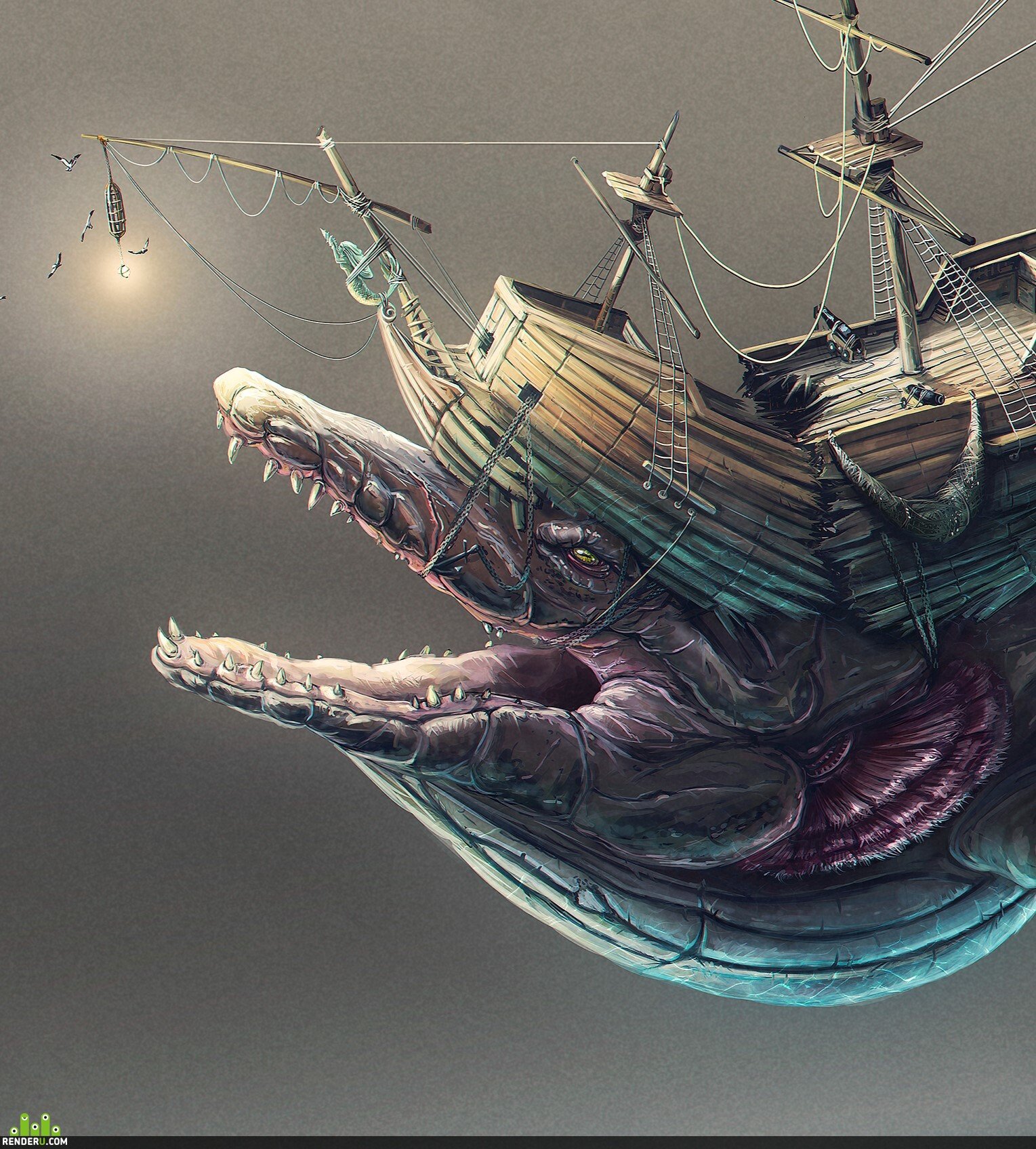 Морское чудовище и корабль