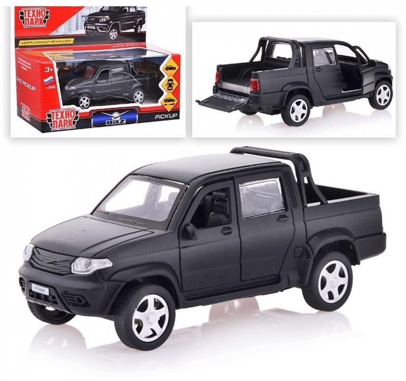 Машина металлическая инерционная UAZ Pickup, матовый черный, 12 см