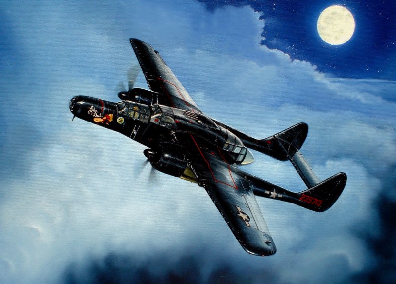 P-61 Black Widow идёт на взлёт с аэродрома