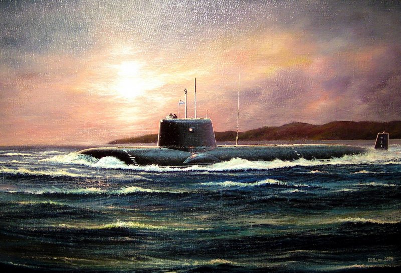 Военный корабль на закате