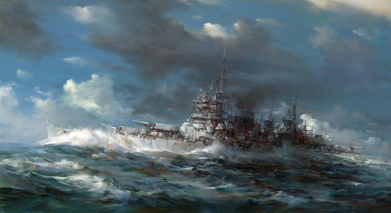Пейзаж с военным кораблем