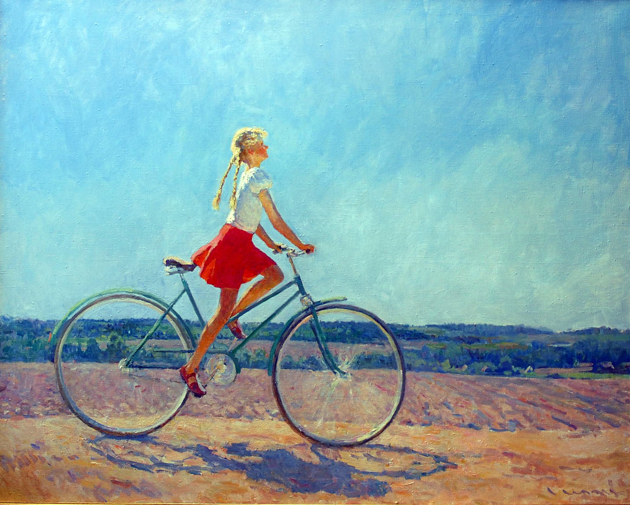 Девушка на велосипеде живопись