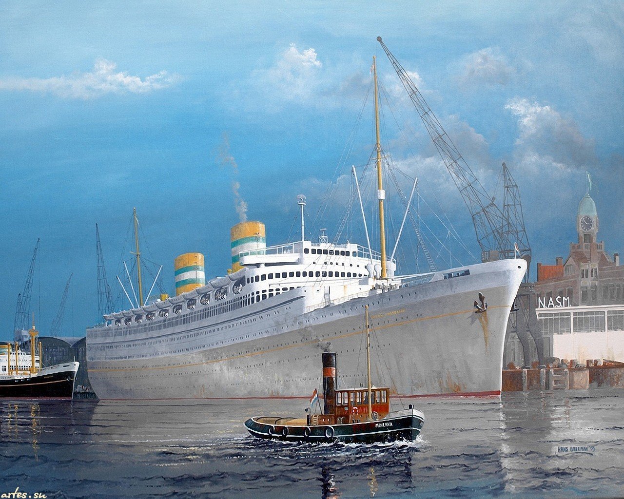 Картина пароходов. Ханс Бриман. Парусник и пароход. Современные пароходы. Порт и корабли.